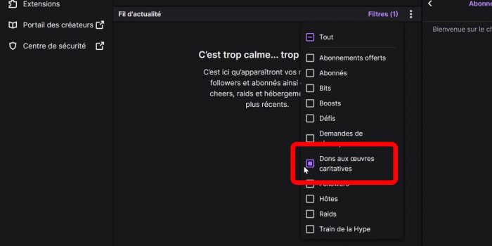 twitch filtre dons aux oeuvres caritatives