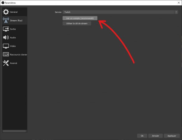 paramètres obs lier un compte twitch