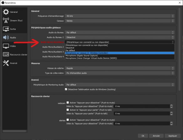 paramètres obs menu audio