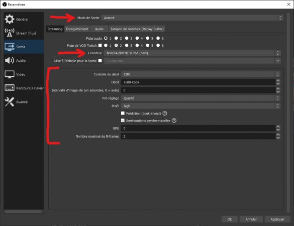 paramètres obs menu sortie