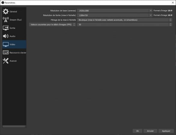 paramètres obs menu vidéo