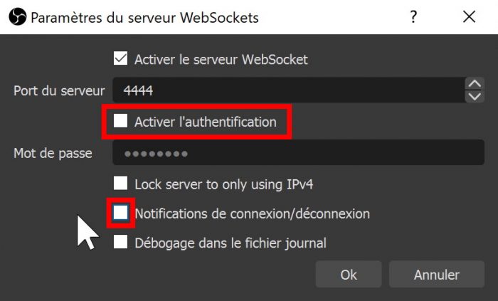 paramètres du serveur websocket obs