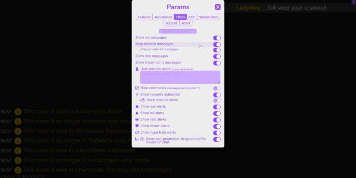 twitchat fonctionnalités filters
