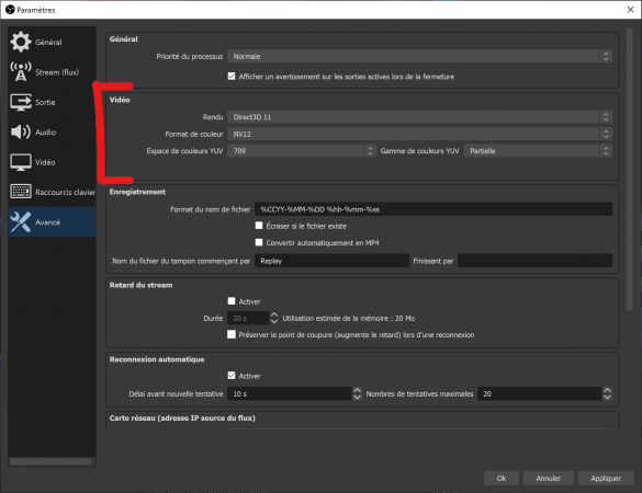 obs 2022 menu avancé section vidéo