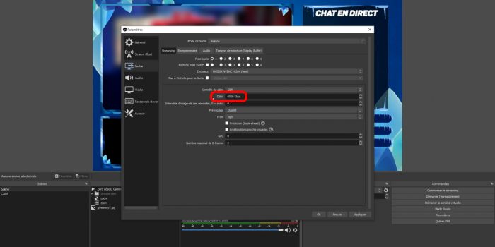 réglage bitrate avec upload 5 Mbps