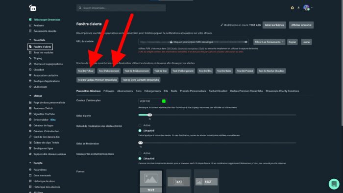 streamlabs boutons tests d'alertes