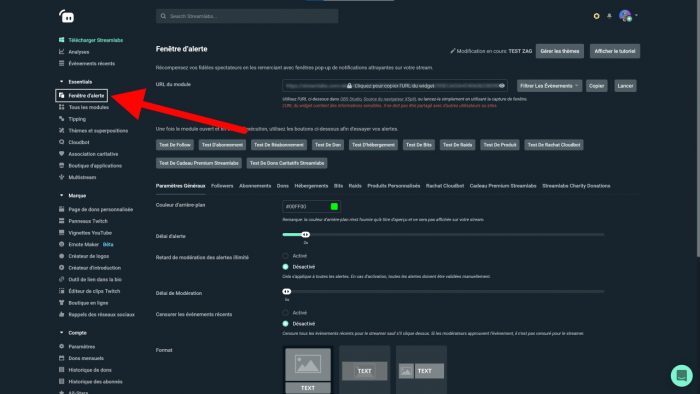 streamlabs menu fenêtre d'alerte