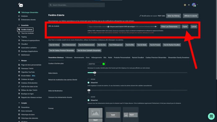 streamlabs url du module d'alertes