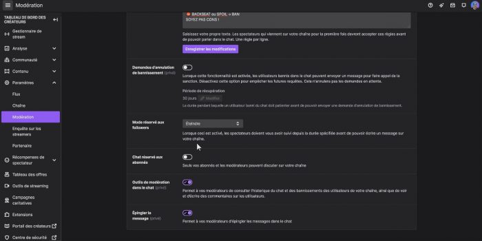 twitch privilèges de chaîne réglages