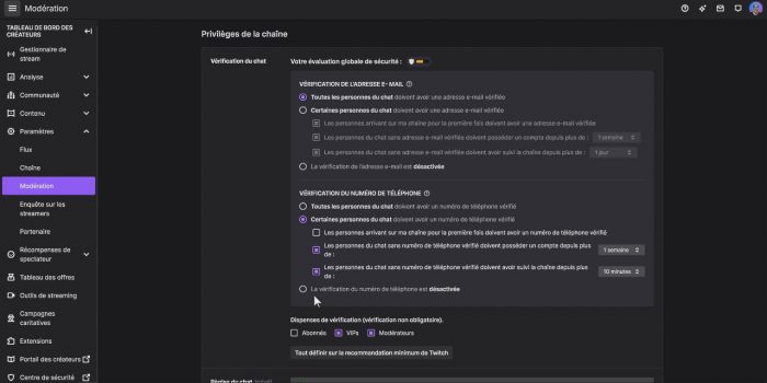 twitch vérification du chat réglages