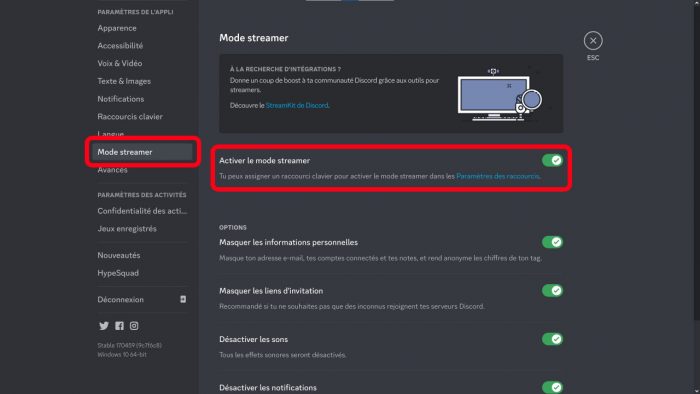 discord activer le mode streamer