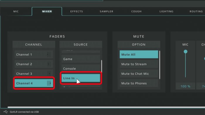 goxlr fader system line in