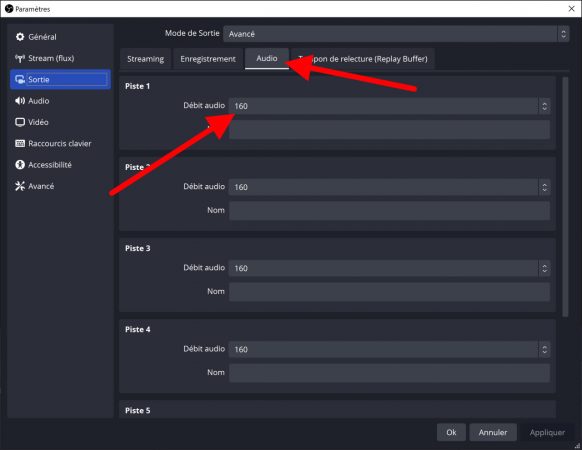 obs studio menu sortie onglet audio