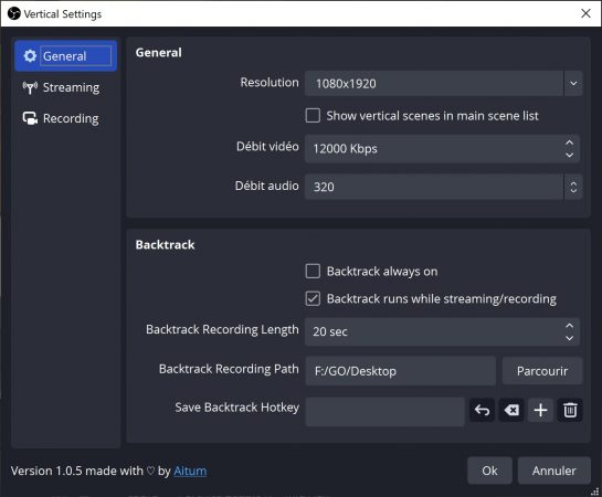 obs vertical plugin paramètres