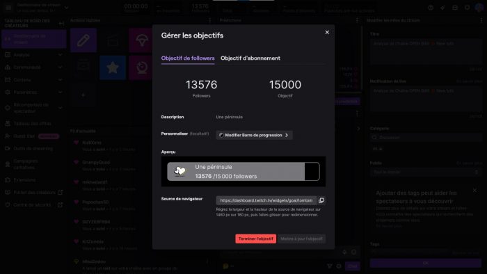 twitch gérer les objectifs