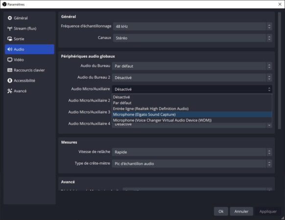 obs menu audio choisir le micro
