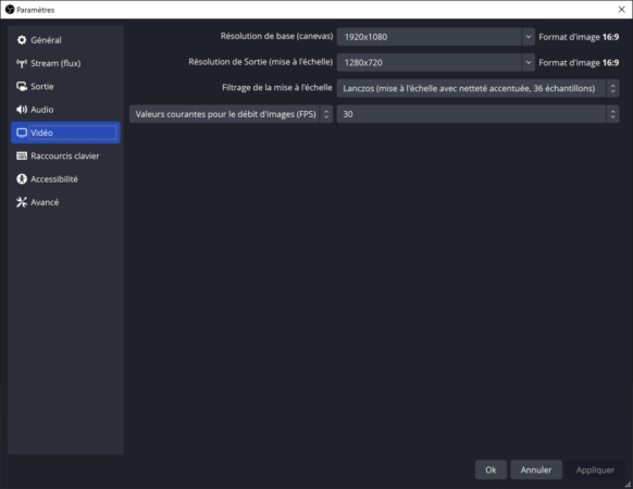 obs menu vidéo réglages kick