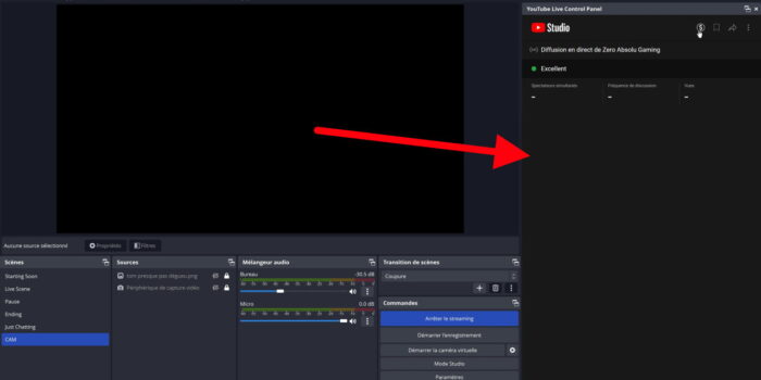 obs 30 youtube panneau de contrôle