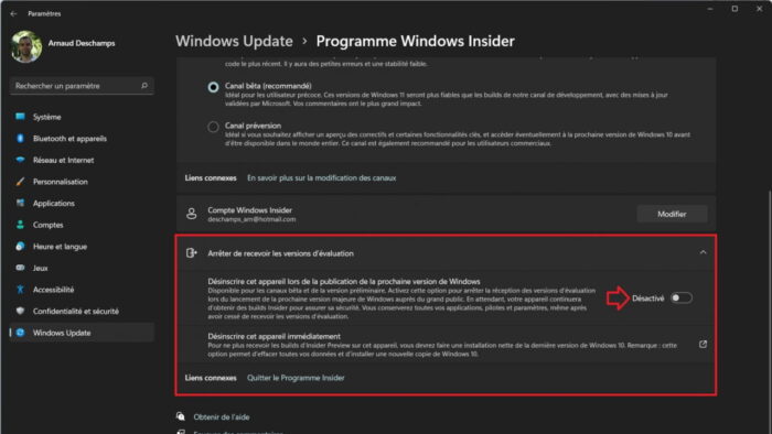 quitter le programme windows insider