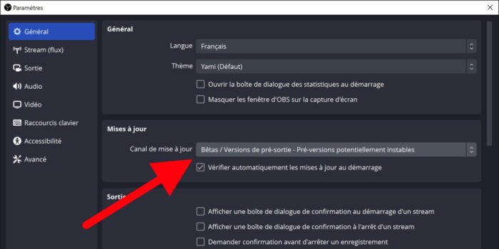 obs studio canal de mise à jour