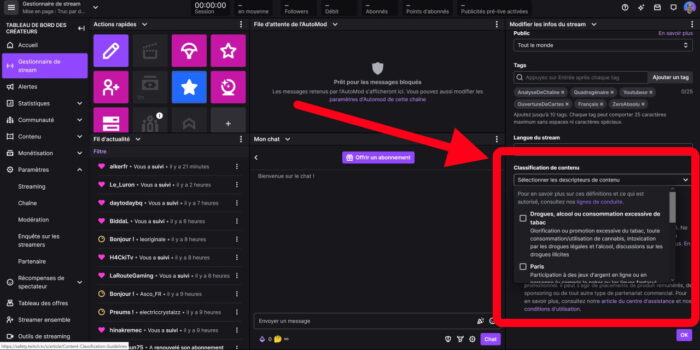 twitch options de classification de contenu