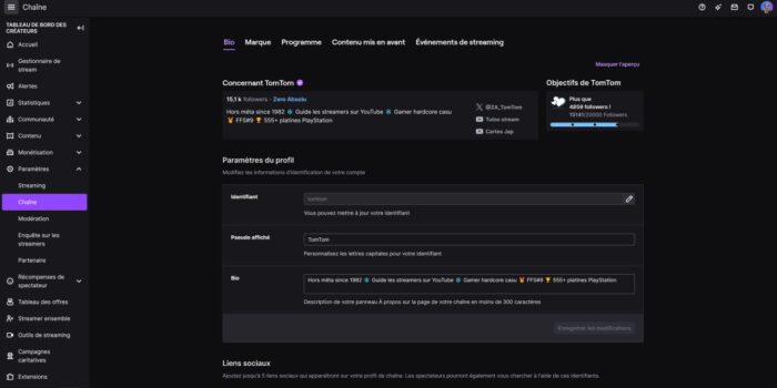 twitch paramètres menu chaîne onglet bio