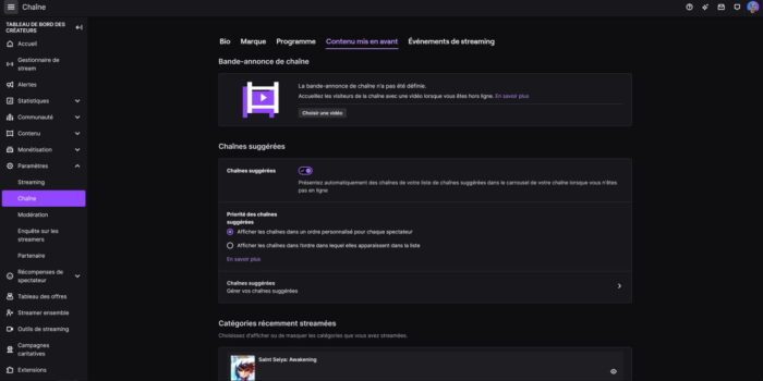 twitch paramètres menu chaîne onglet contenu mis en avant