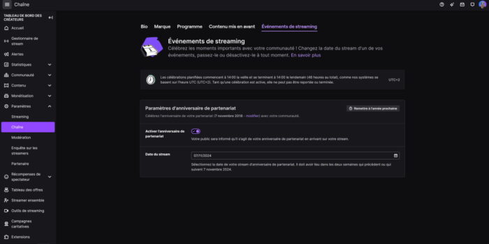 twitch paramètres menu chaîne onglet événements de stream