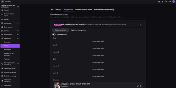 twitch paramètres menu chaîne onglet programme