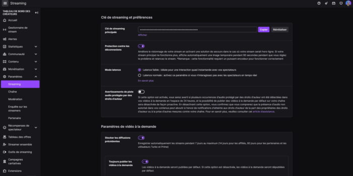 twitch paramètres menu streaming