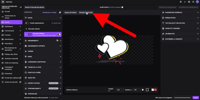 alertes twitch envoyer un test