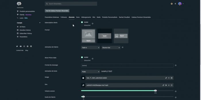 streamlabs réglages alerte abonnés