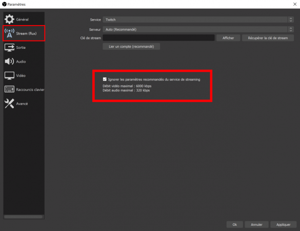 ignorer-les-parametres-recommandes-du-service-de-streaming-OBS-STUDIO