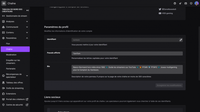 twitch menu chaîne bio paramètres de profil