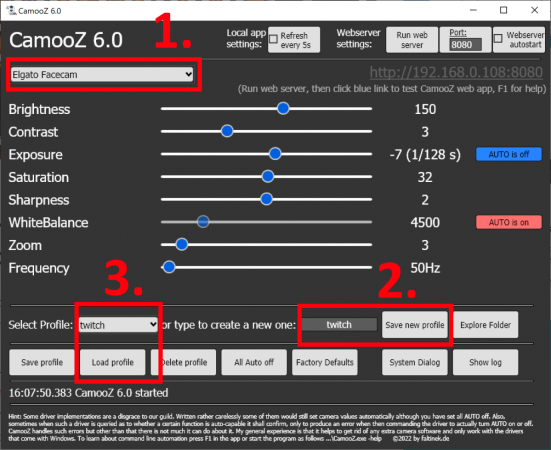 camooz pour sauvegarder les réglages de sa webcam
