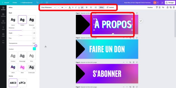 canva panneau twitch modifier le texte