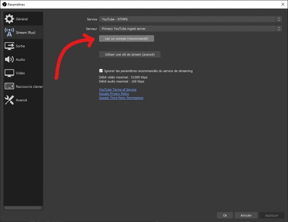 paramètres obs lier un compte youtube
