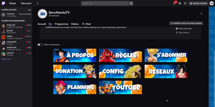 twitch panneaux de chaîne dragon ball