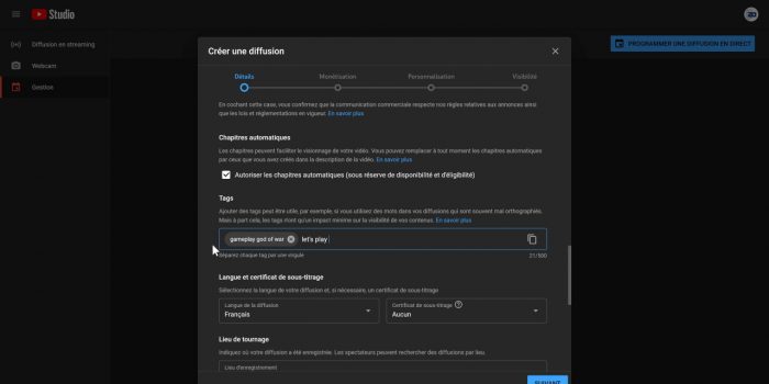 youtube studio streaming options et mots clés