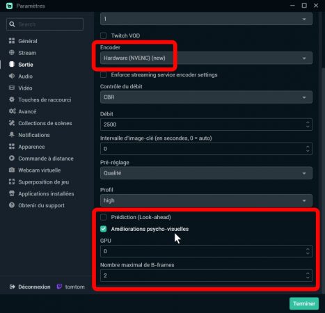 streamlabs desktop menu sortie onglet streaming options nvenc