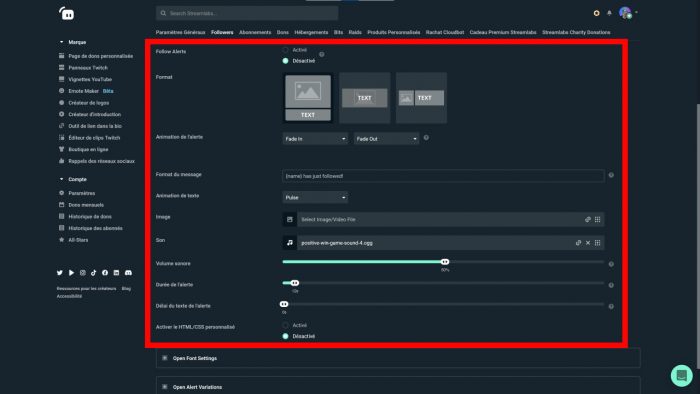 streamlabs alerte follow configuration de base