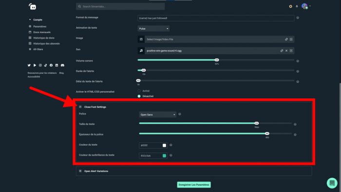 streamlabs alerte follow font settings