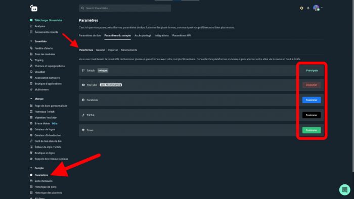 streamlabs associer d'autres plateformes