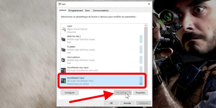 périphérique de lecture par défaut voicemeeter input