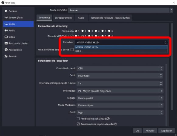 obs menu sortie encodeur nvenc disponible