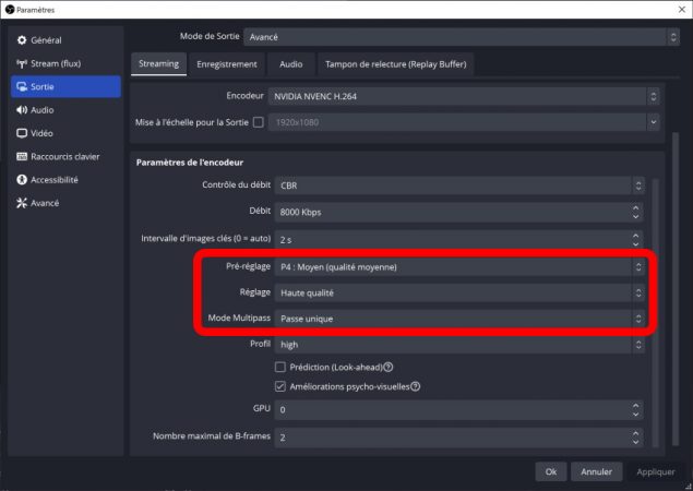 obs nvenc nouveaux réglages disponibles