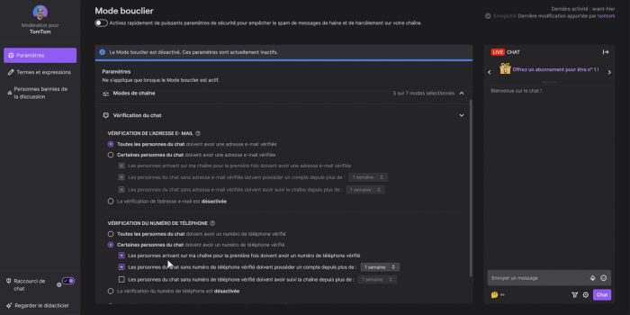 twitch mode bouclier vérification du chat