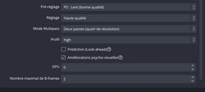 obs studio menu sortie paramètres encodeur nvenc