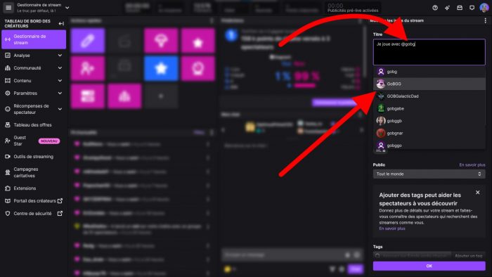tag un streamer dans son titre de stream
