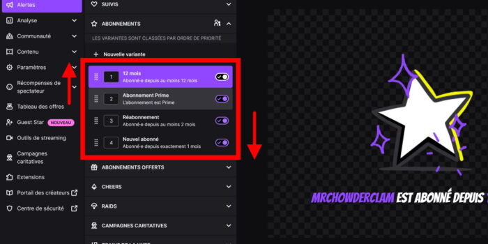 twitch alertes ordonner les variantes